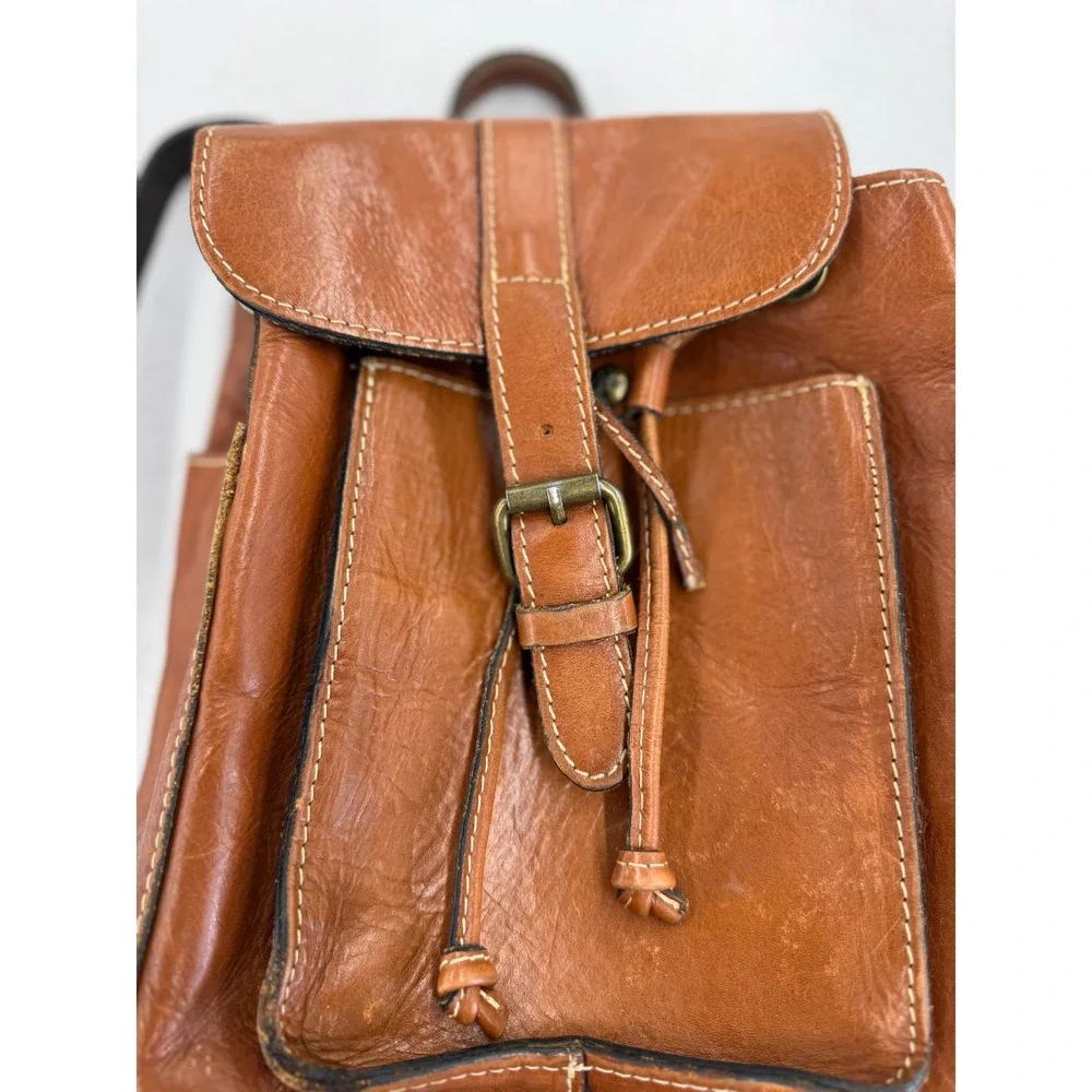 Patricia Nash Cognac Leather Mini Backpack Drawstring Buckle Brown